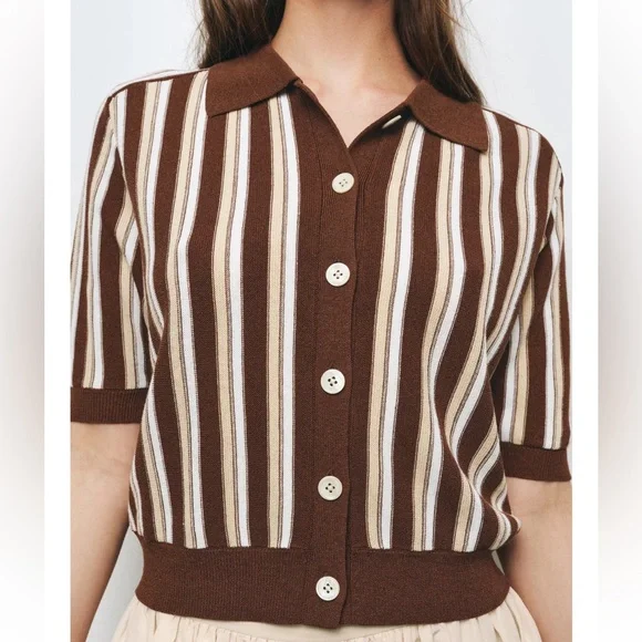 Zara Striped Polo Cardigan Brown/ Tan / White NWT - Picture 4 of 7
